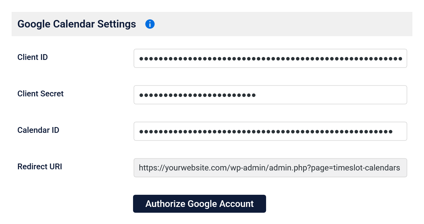 Time Slot booking plugin Authorize Google Account button