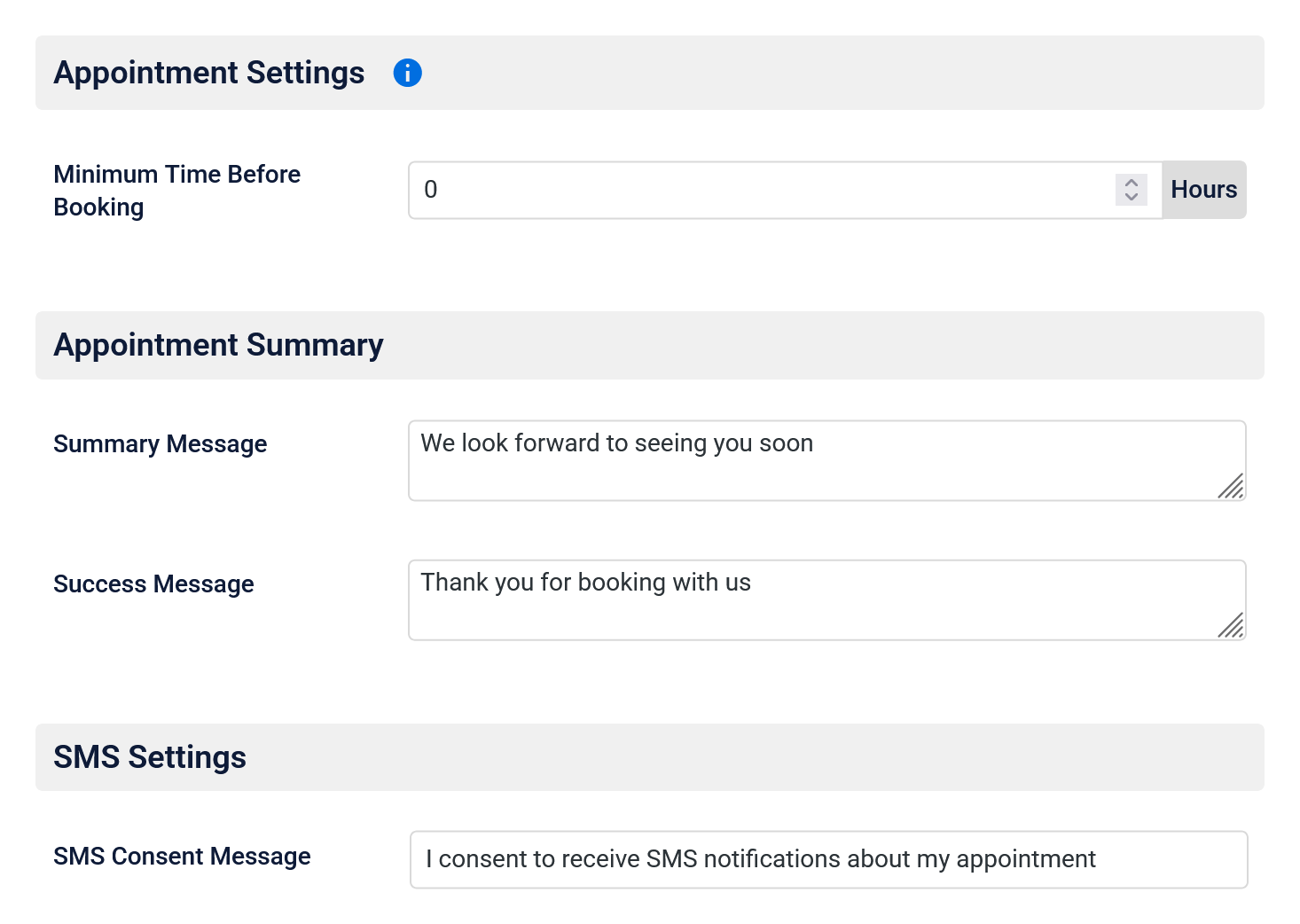 Set the minimum time before booking an appointment, and custom messages for the Time Slot booking form