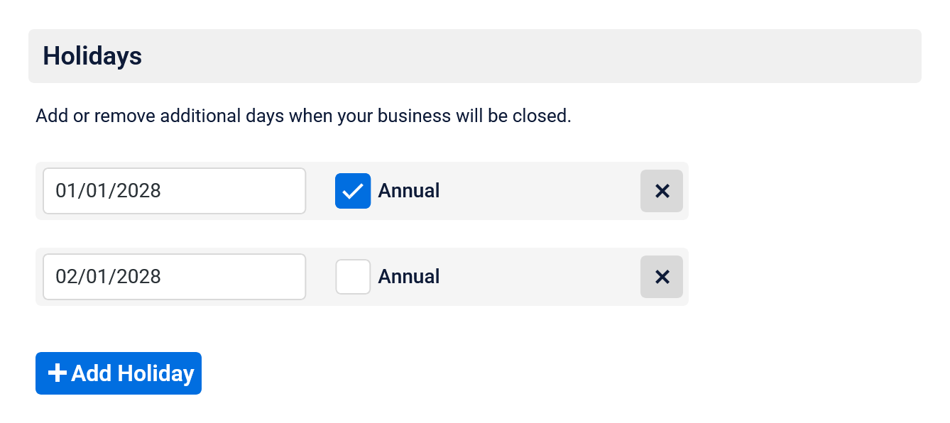 Business holiday settings in Time Slot booking plugin WordPress admin area