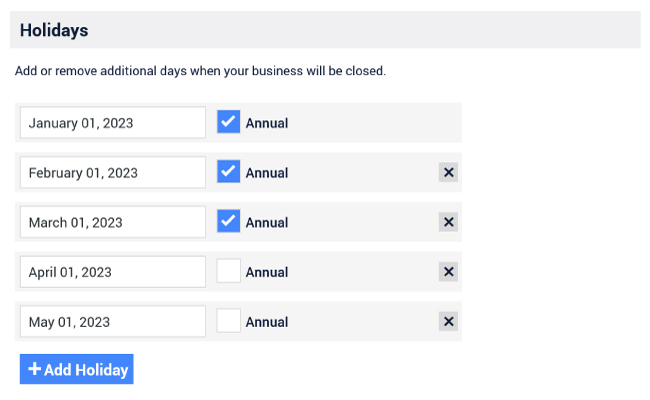 Business holiday settings in Time Slot booking plugin WordPress admin area