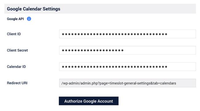 Time Slot booking plugin Authorize Google Account button