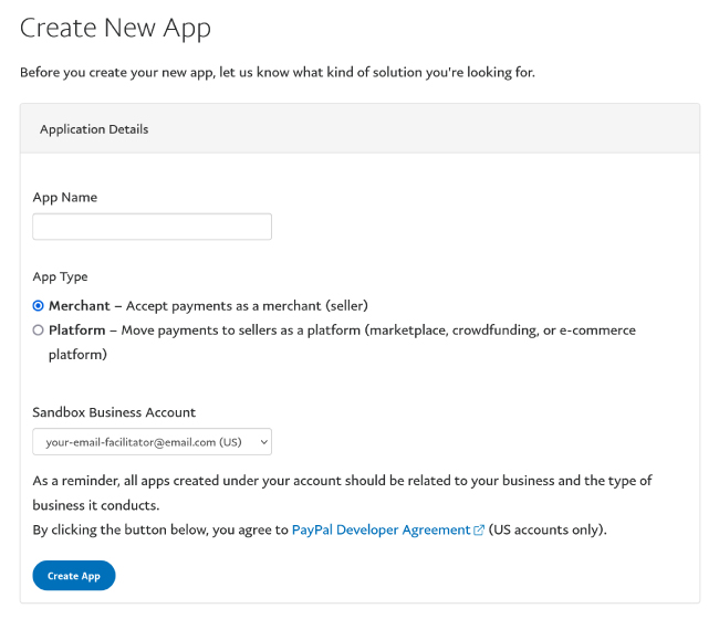 Create a new app for a PayPal booking form