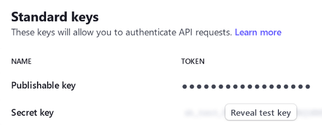 Standard keys for Stripe booking form