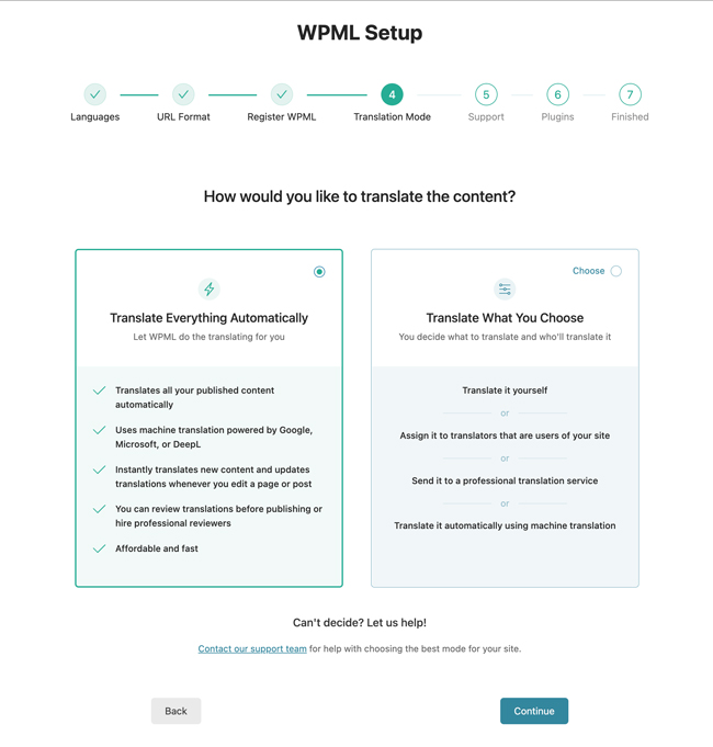 WPML setup wizard translation mode screen