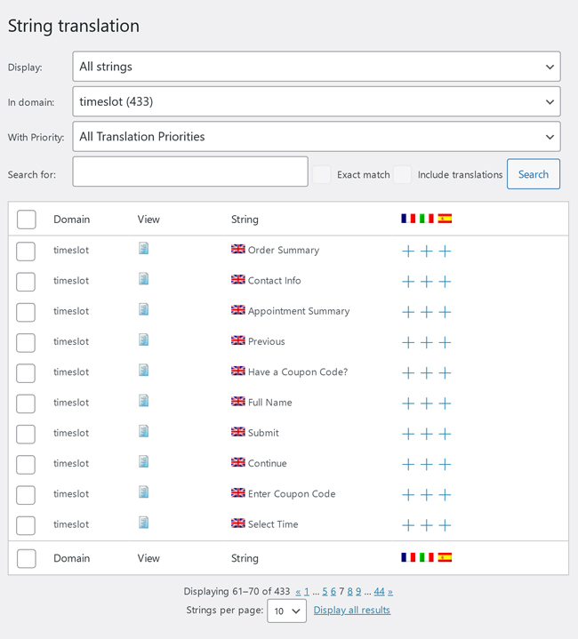 Time Slot booking plugin strings on the WPML string translation screen