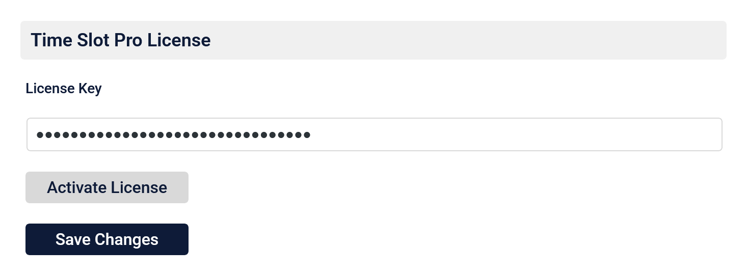 Time Slot Pro license key settings