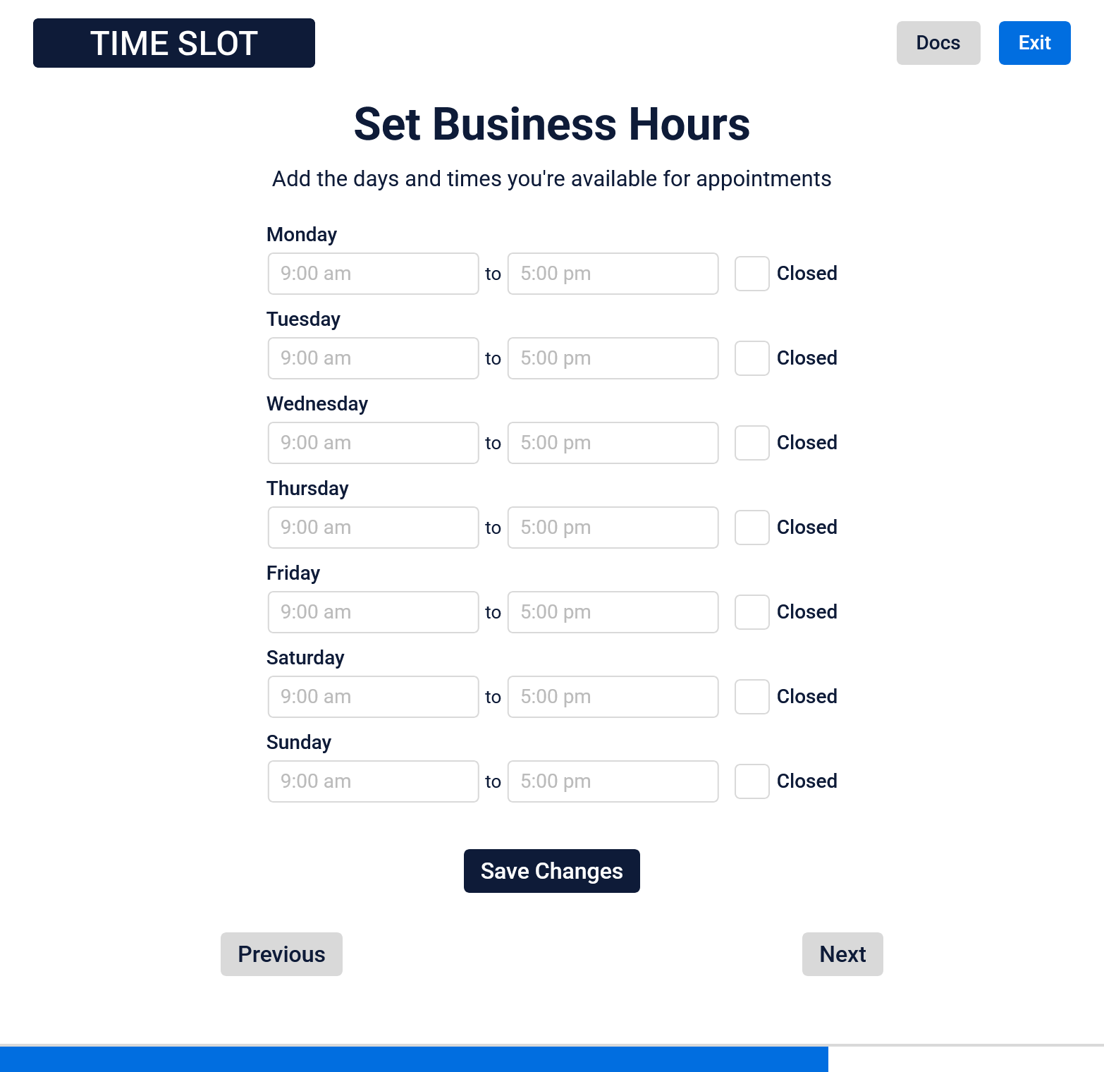 Set business hours on the Time Slot quick setup wizard