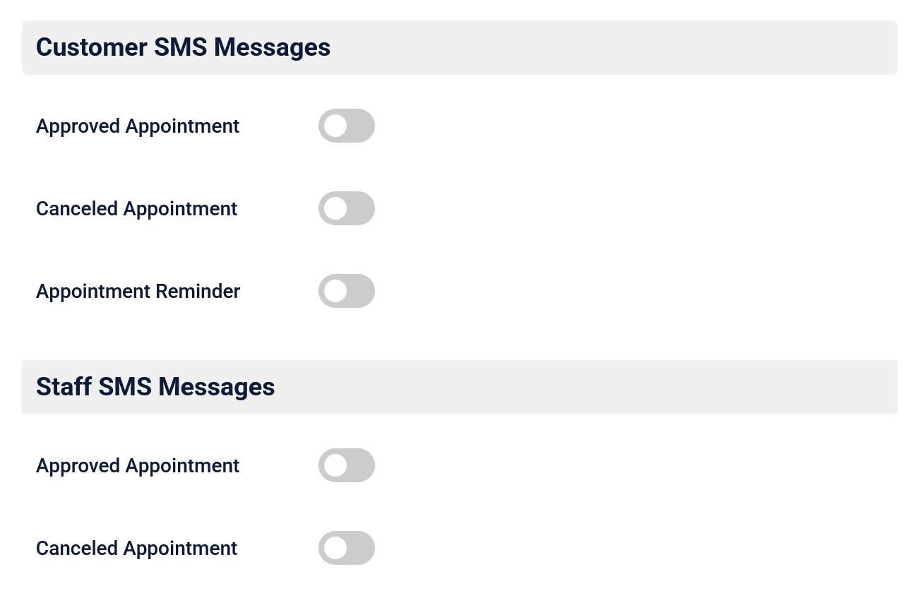 Time Slot Pro SMS message types for staff and customers