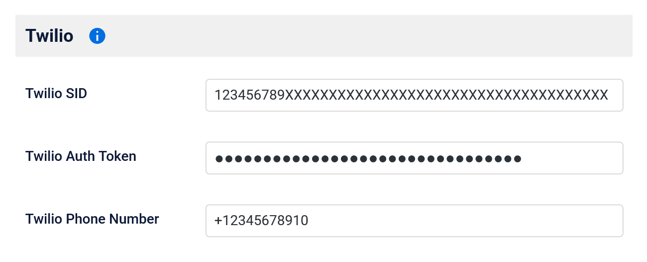 Twilio settings in Time Slot Pro SMS settings