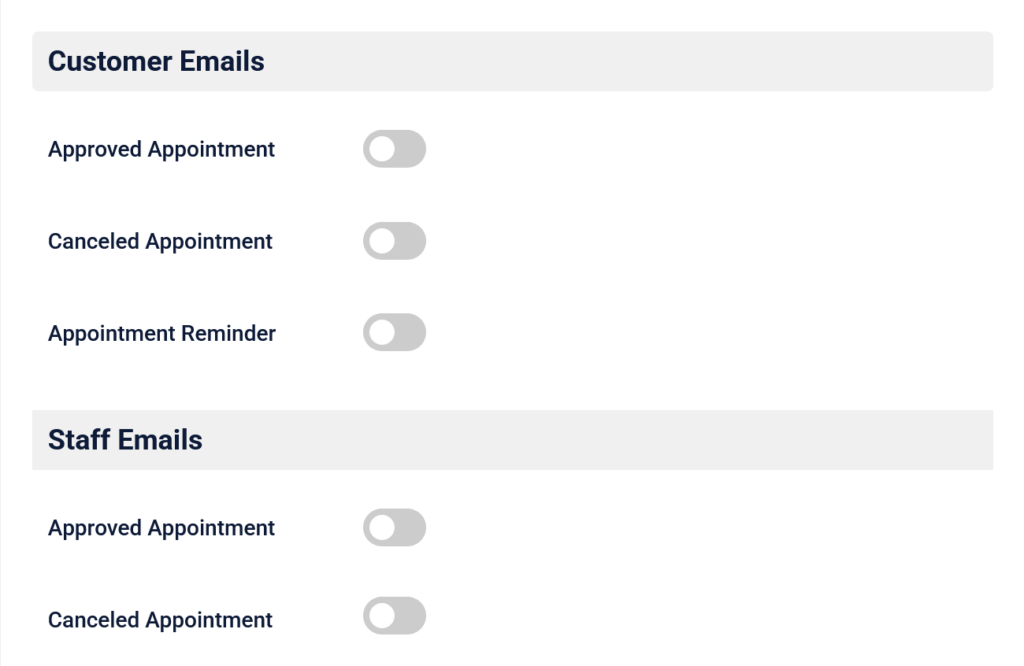 Time Slot email types for staff and customers