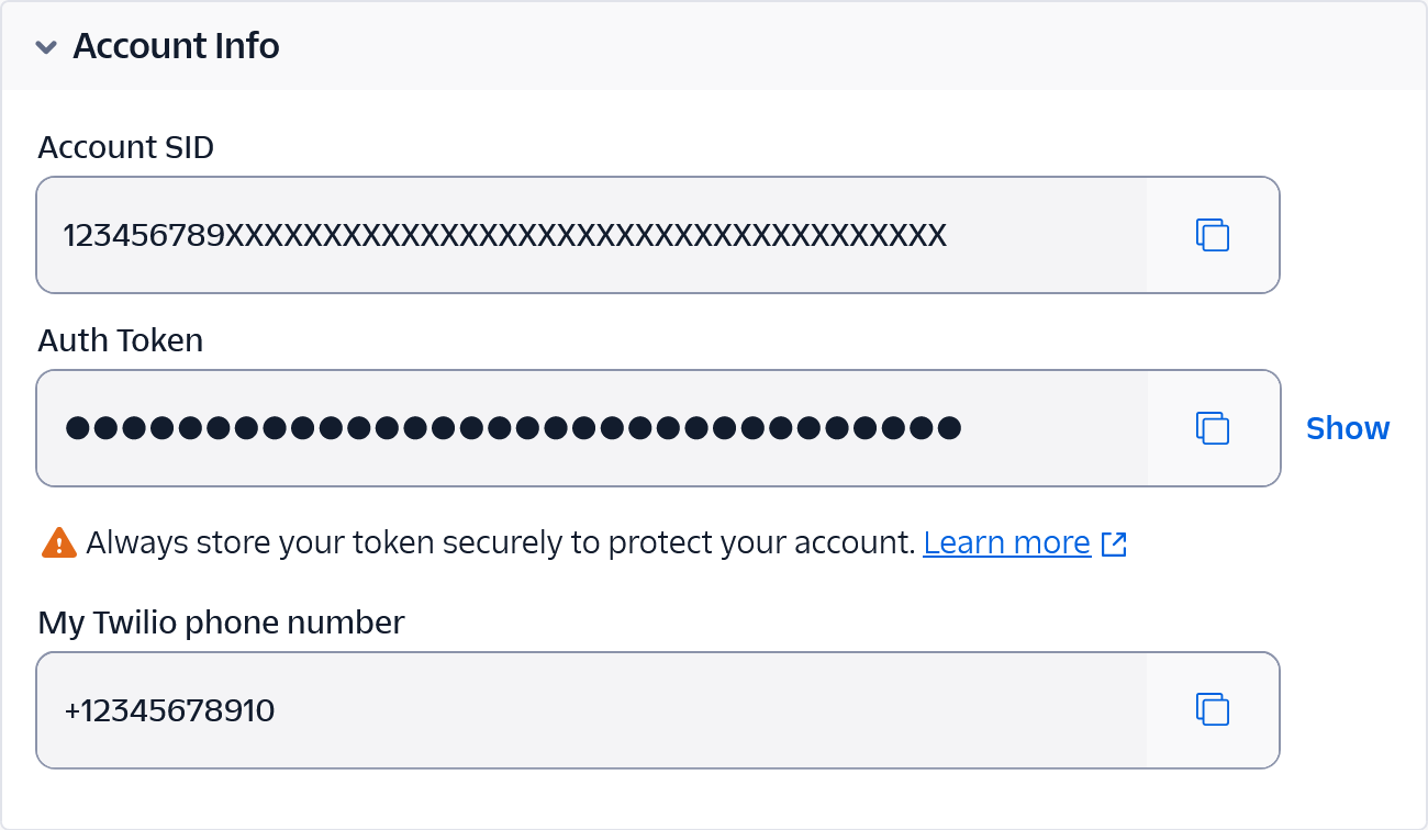 Twilio account info for Time Slot Pro SMS