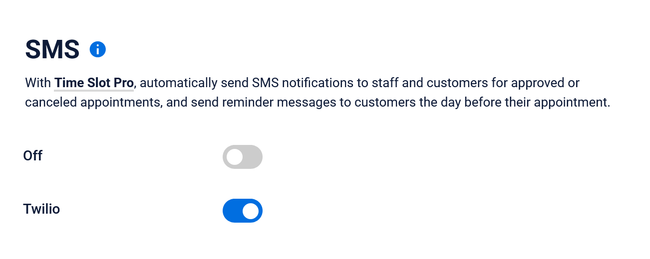 Turn on Twilio SMS for the Time Slot booking form