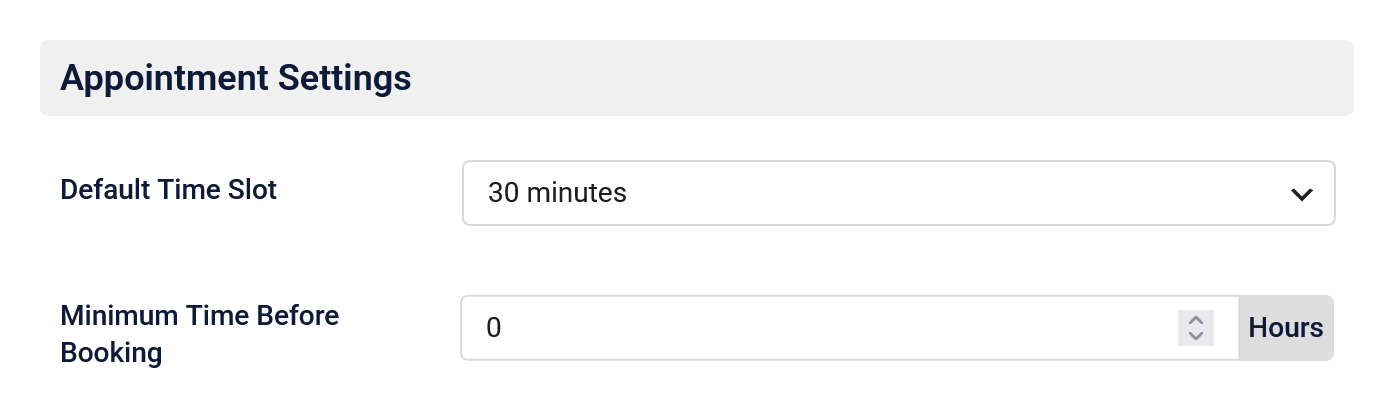 Time Slot booking form appointment settings