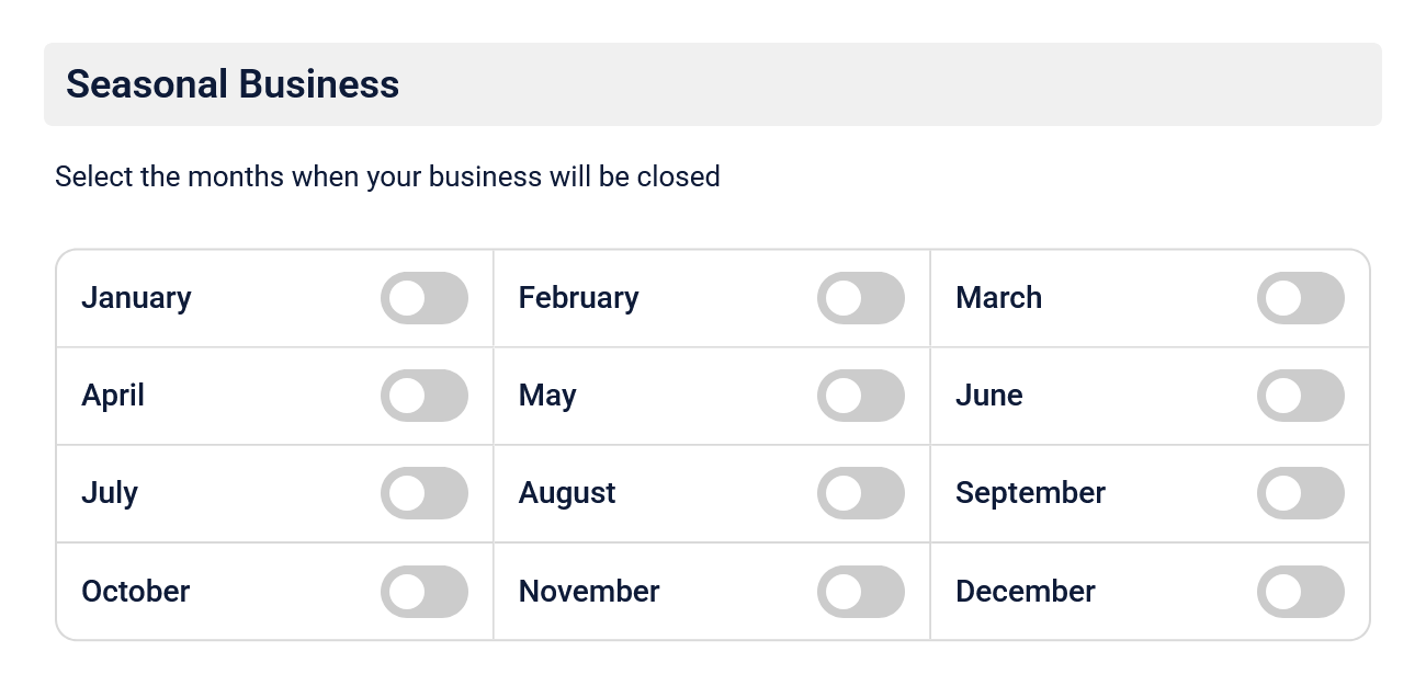 Seasonal business months off in Time Slot Pro settings